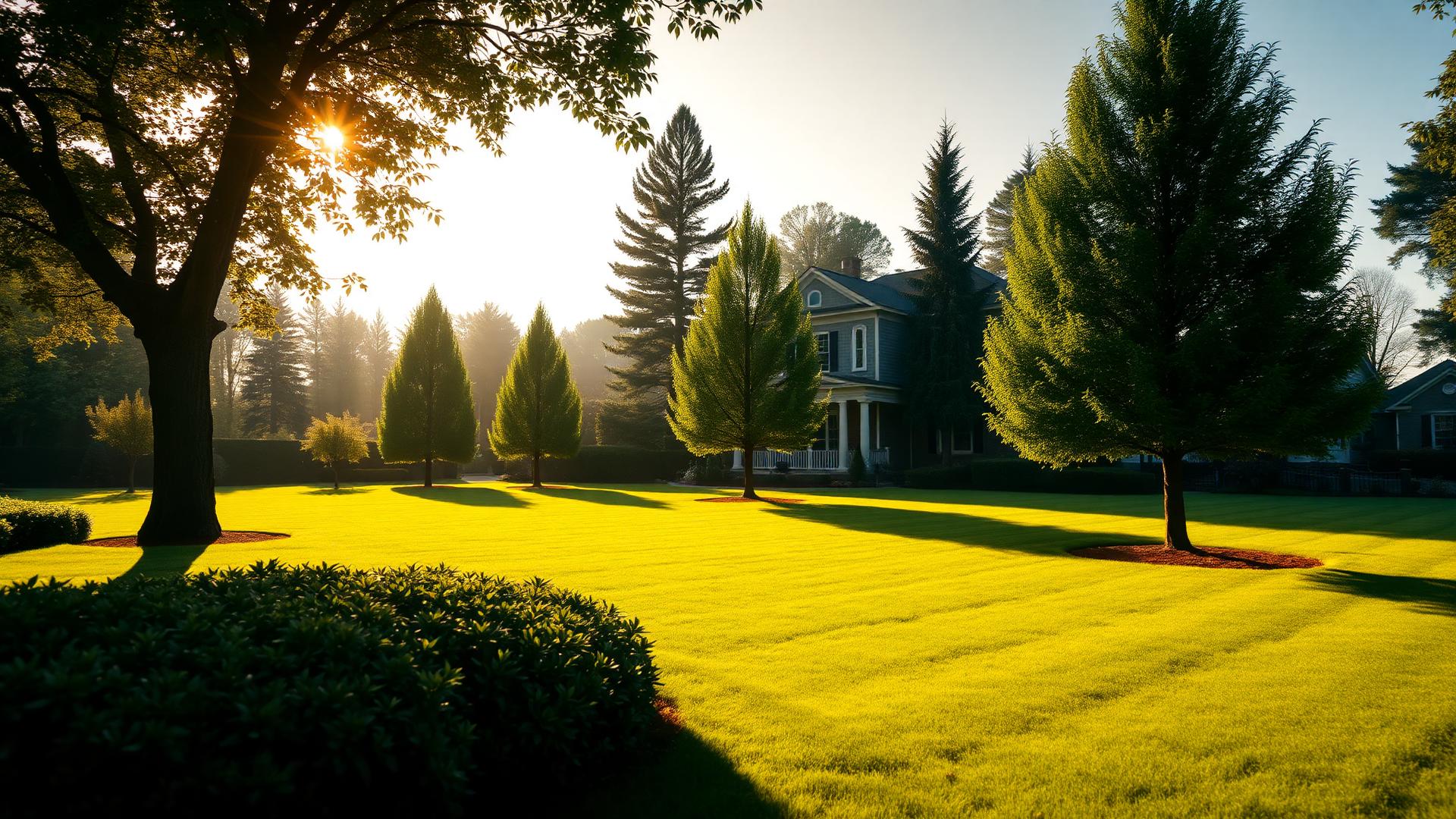 Manicured estate lawn with mature trees at golden hour